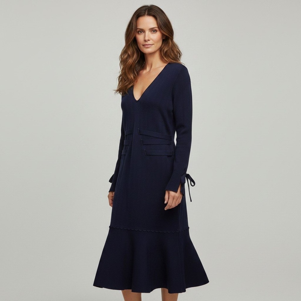 Jonathan Simkhai Navy Blue Knit V-Neck Midi Dress Tie Cuff‎ Size 14 Quiet Luxury
